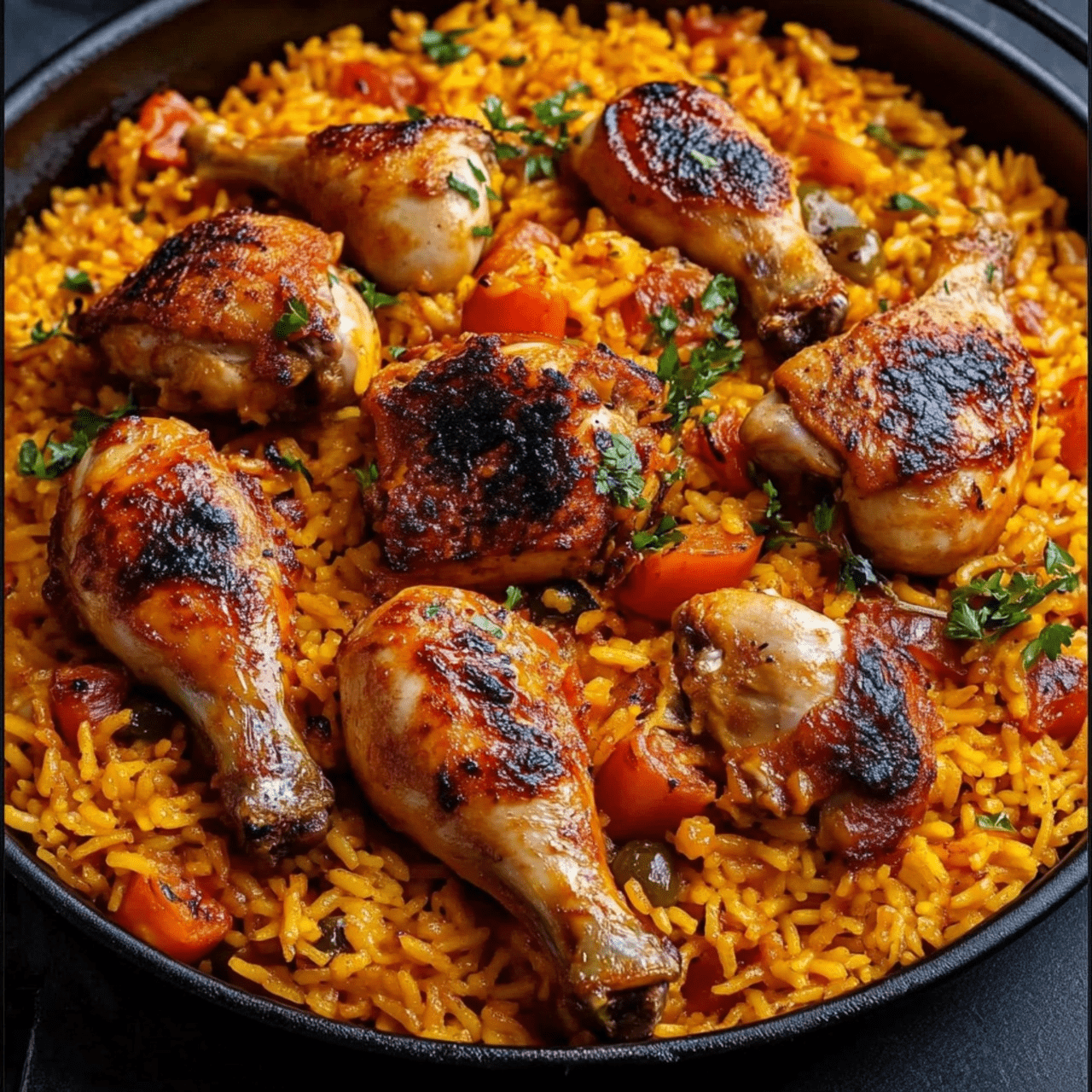 Paella au Poulet dorée avec des morceaux de poulet et légumes colorés