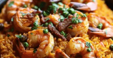 Paella aux Crevettes avec riz doré, légumes colorés, et crevettes savoureuses