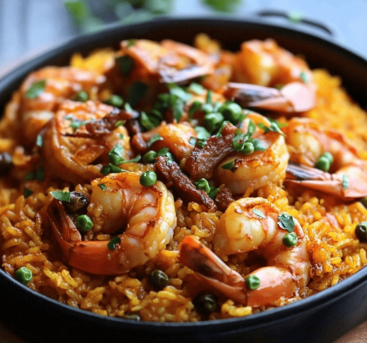 Paella aux Crevettes avec riz doré, légumes colorés, et crevettes savoureuses