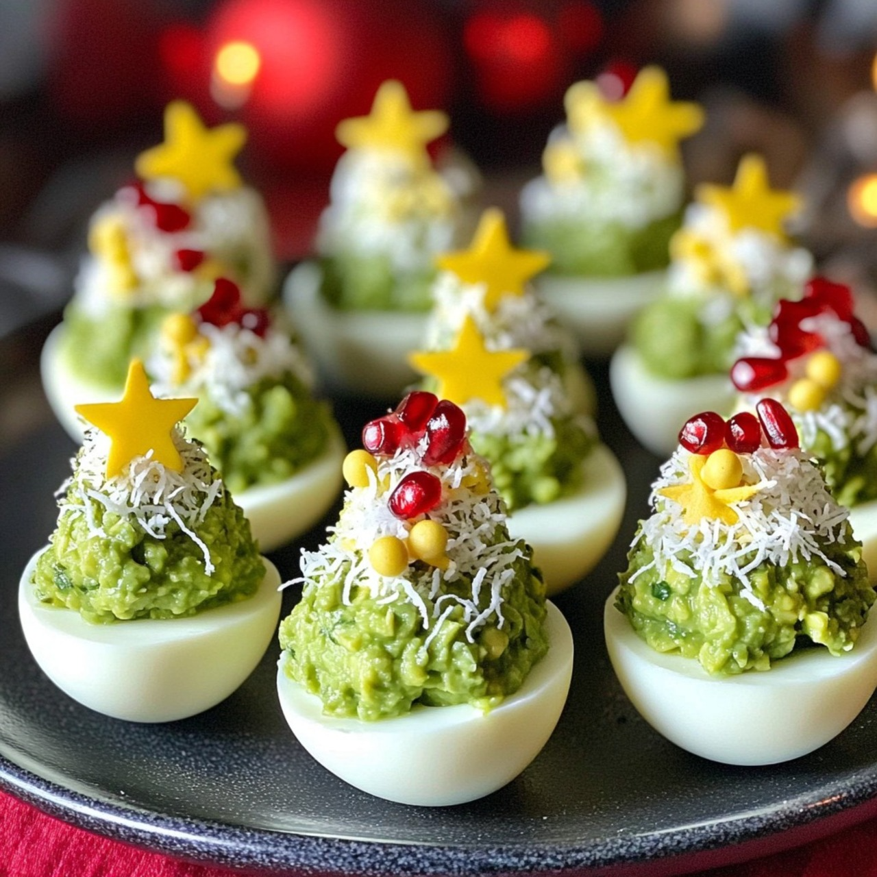 Œufs de Noël en forme de sapins décorés avec des graines de grenade et des étoiles en fromage.