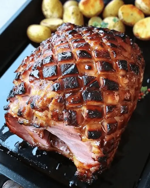 Jambon de Noël laqué au miel et épices servi avec des légumes rôtis et une sauce onctueuse.