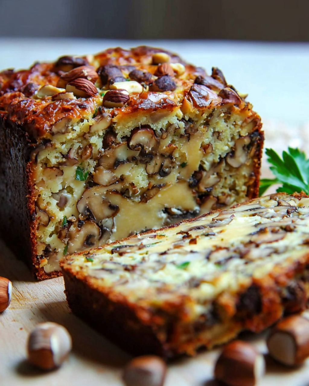 Cake aux Champignons, Comté, Noisettes & Persil Plat prêt à être servi