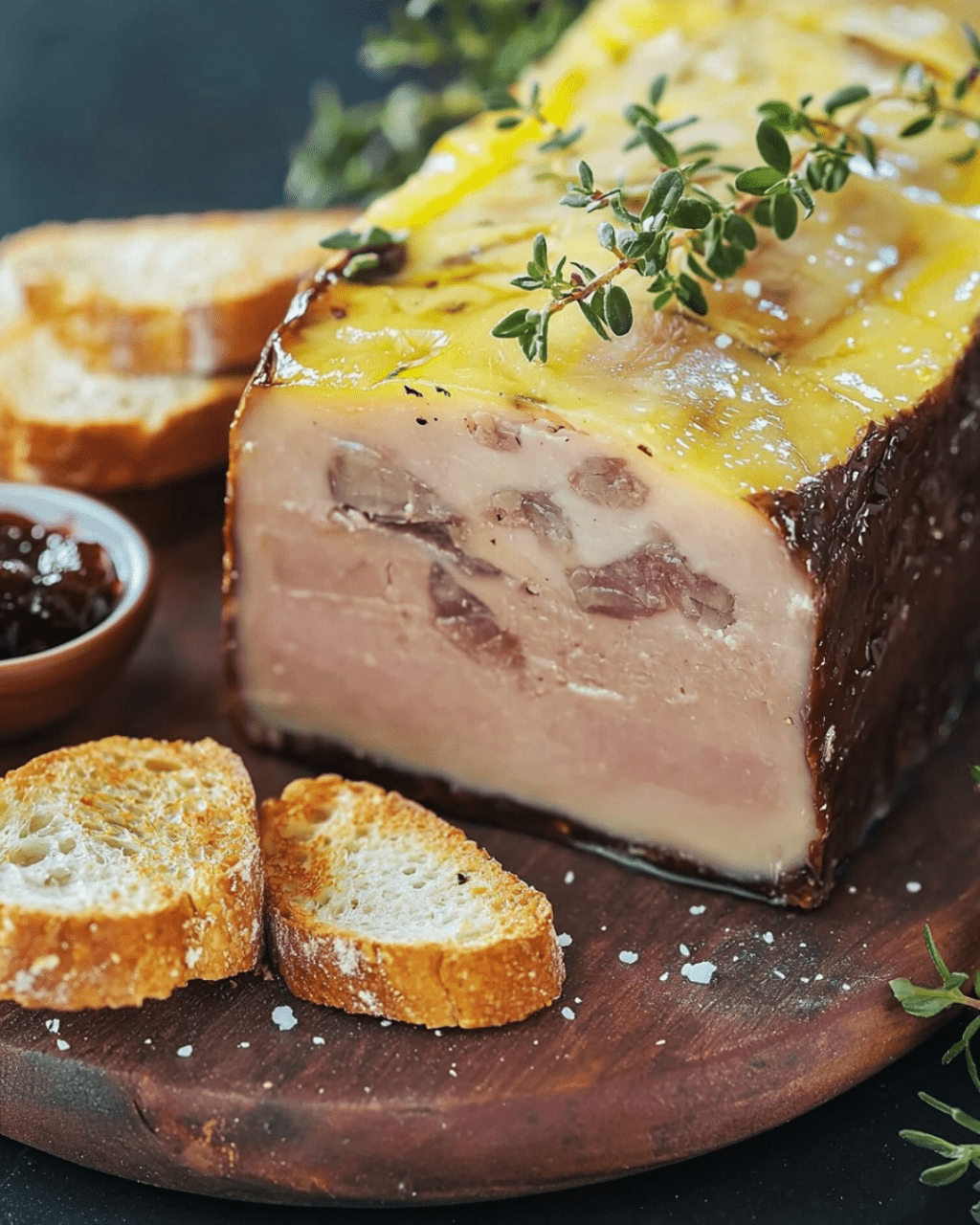 Terrine de foie gras maison servie sur des toasts croustillants avec une touche de roquette fraîche