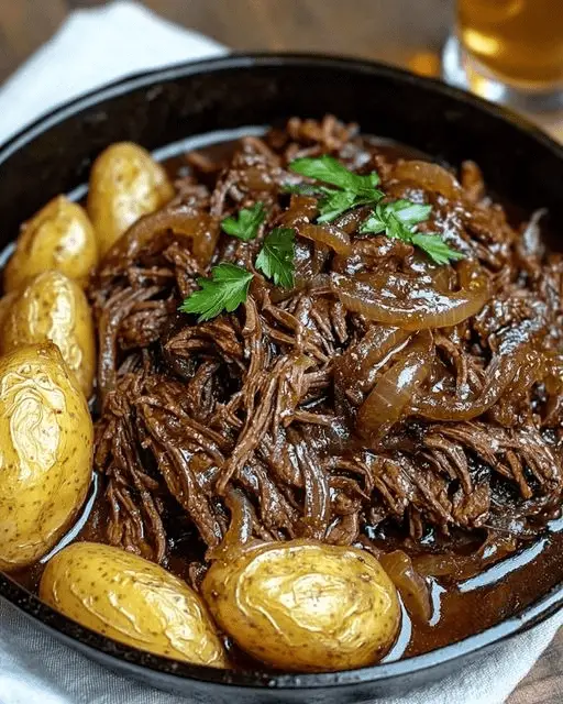 Bœuf effiloché à la bière blonde, plat mijoté savoureux et réconfortant.