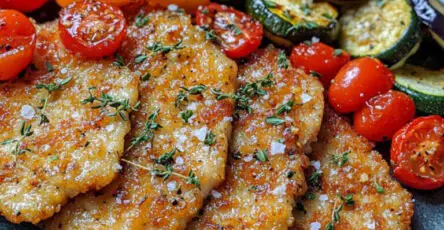 Escalopes de veau dorées servies avec des légumes rôtis colorés sur une assiette élégante.