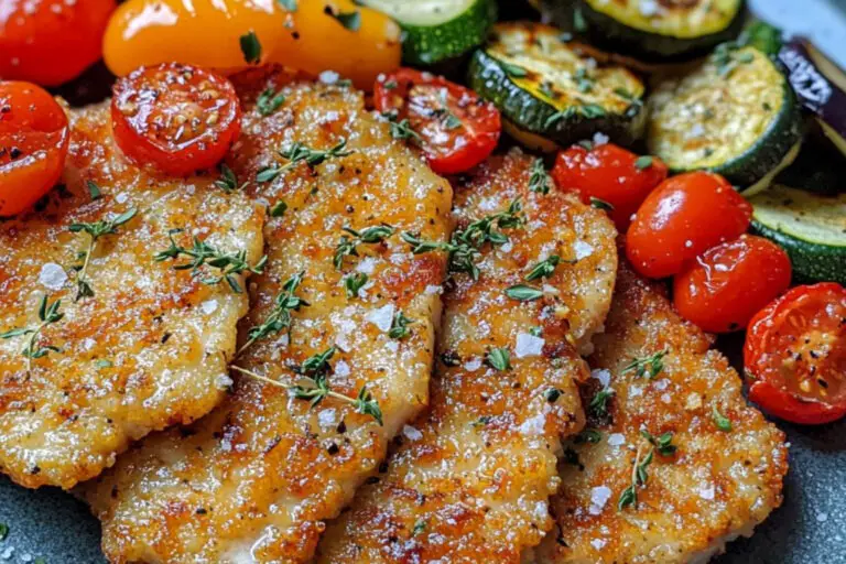 Escalopes de veau dorées servies avec des légumes rôtis colorés sur une assiette élégante.