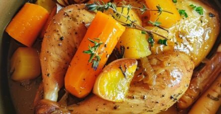 Poule au pot servie avec légumes tendres dans un bouillon parfumé