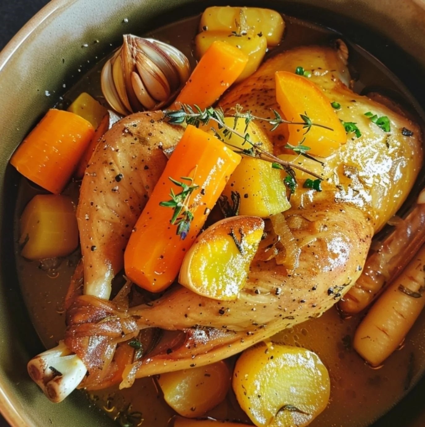 Poule au pot servie avec légumes tendres dans un bouillon parfumé