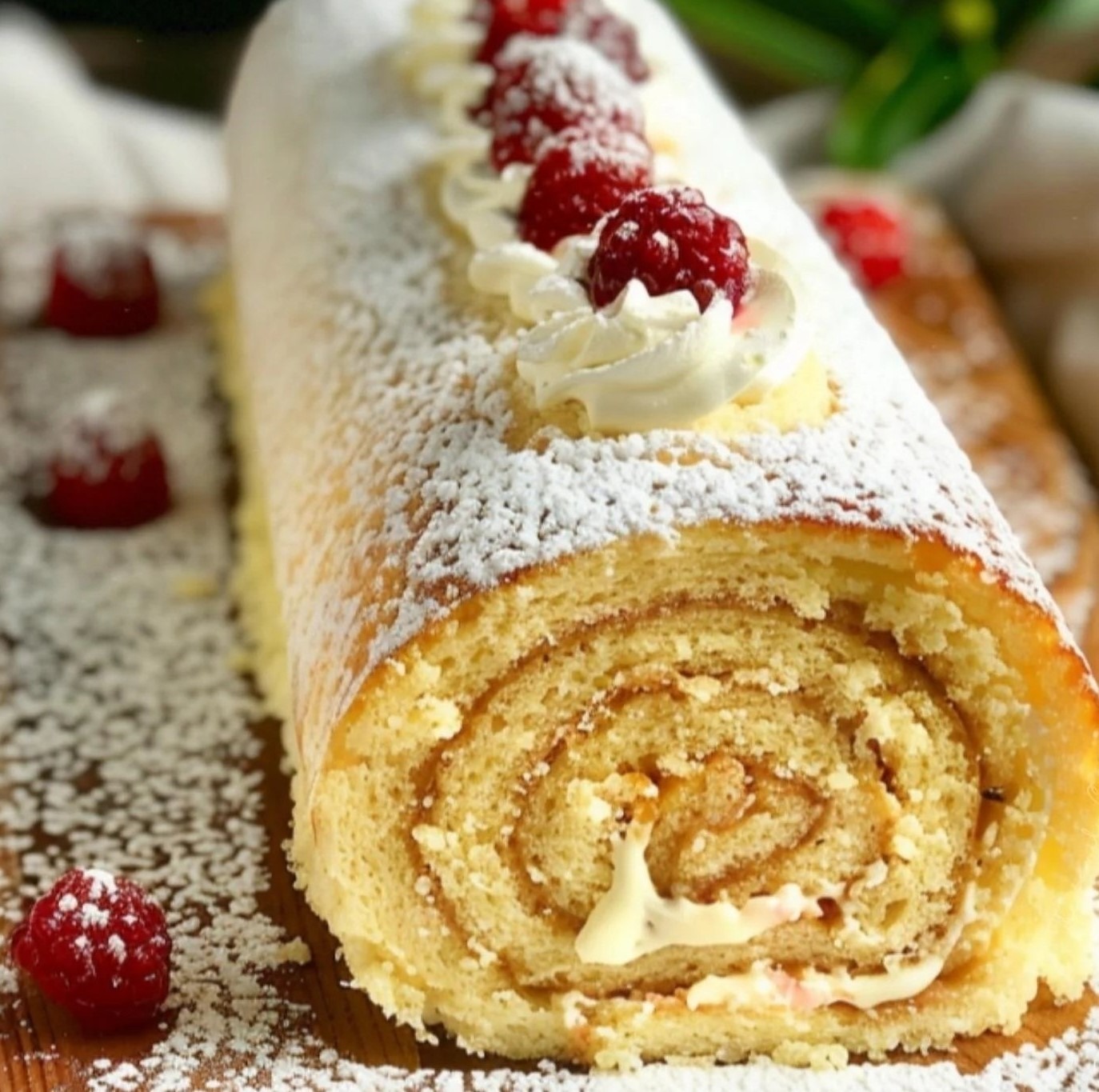 Gâteau roulé suisse maison garni de confiture et saupoudré de sucre glace