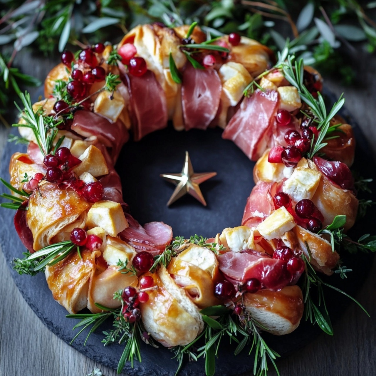 Couronne apéritive festive au fromage, jambon cru et herbes fraîches décorées de canneberges et romarin.