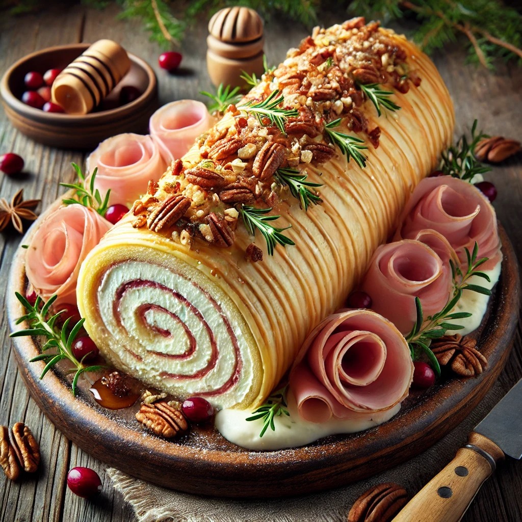 Bûche salée au jambon de Parme et fromage de chèvre sur une table festive.