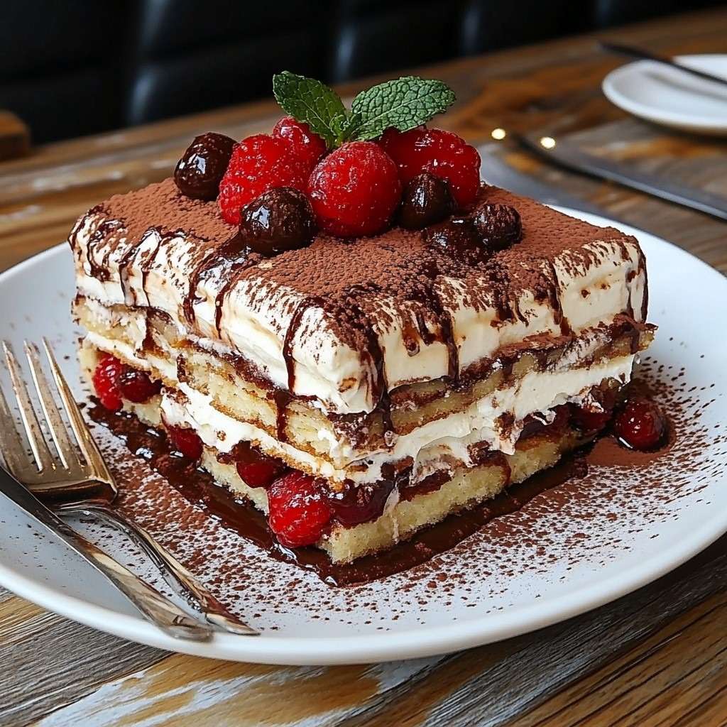 Tiramisu au café et à la noisette servi avec cacao et noisettes hachées.