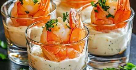 Verrine aux crevettes et crème parfumée décorée avec aneth et crevettes entières.