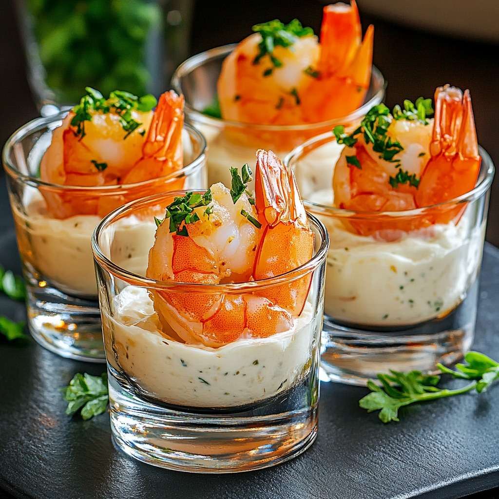 Verrine aux crevettes et crème parfumée décorée avec aneth et crevettes entières.