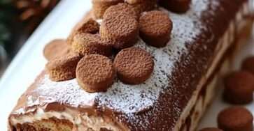 Bûche tiramisu aux spéculoos, dessert festif élégant et gourmand pour Noël.