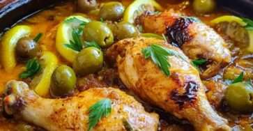 Tajine de poulet aux olives et citron, plat marocain traditionnel, épicé et savoureux.