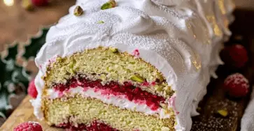 Bûche pistache framboise, dessert élégant et festif avec une touche de légèreté.