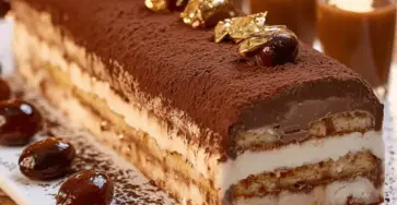 Tiramisu glacé aux marrons et Baileys, un dessert crémeux et raffiné avec des couches de biscuits imbibés, crémeux et décoré de marrons glacés.