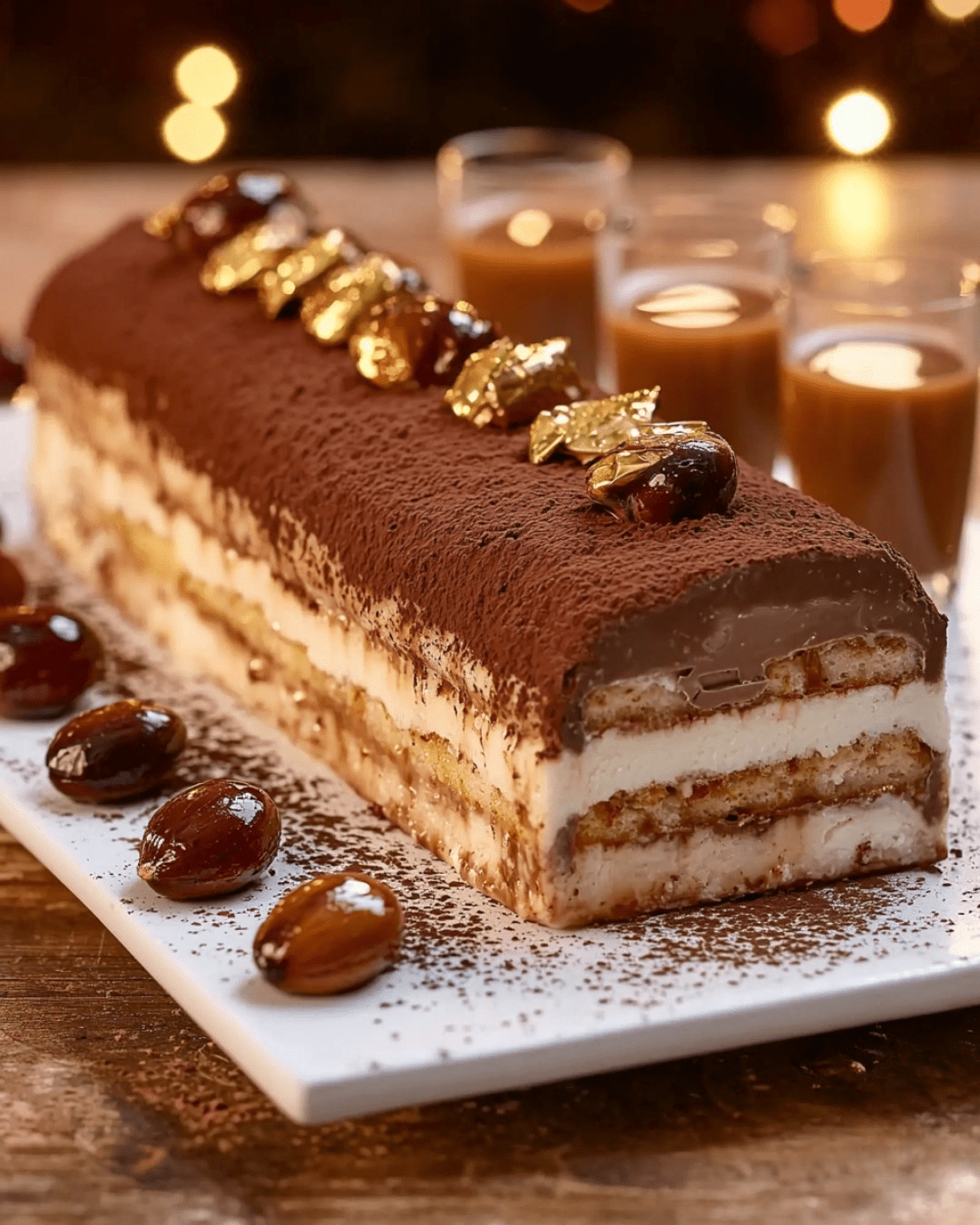 Tiramisu glacé aux marrons et Baileys, un dessert crémeux et raffiné avec des couches de biscuits imbibés, crémeux et décoré de marrons glacés.