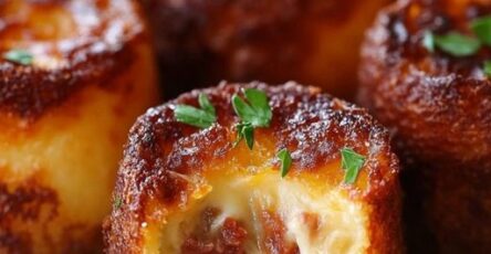 Cannelés salés au chorizo et tomme de brebis dorés, servies sur une assiette élégante avec une décoration d'herbes fraîches.