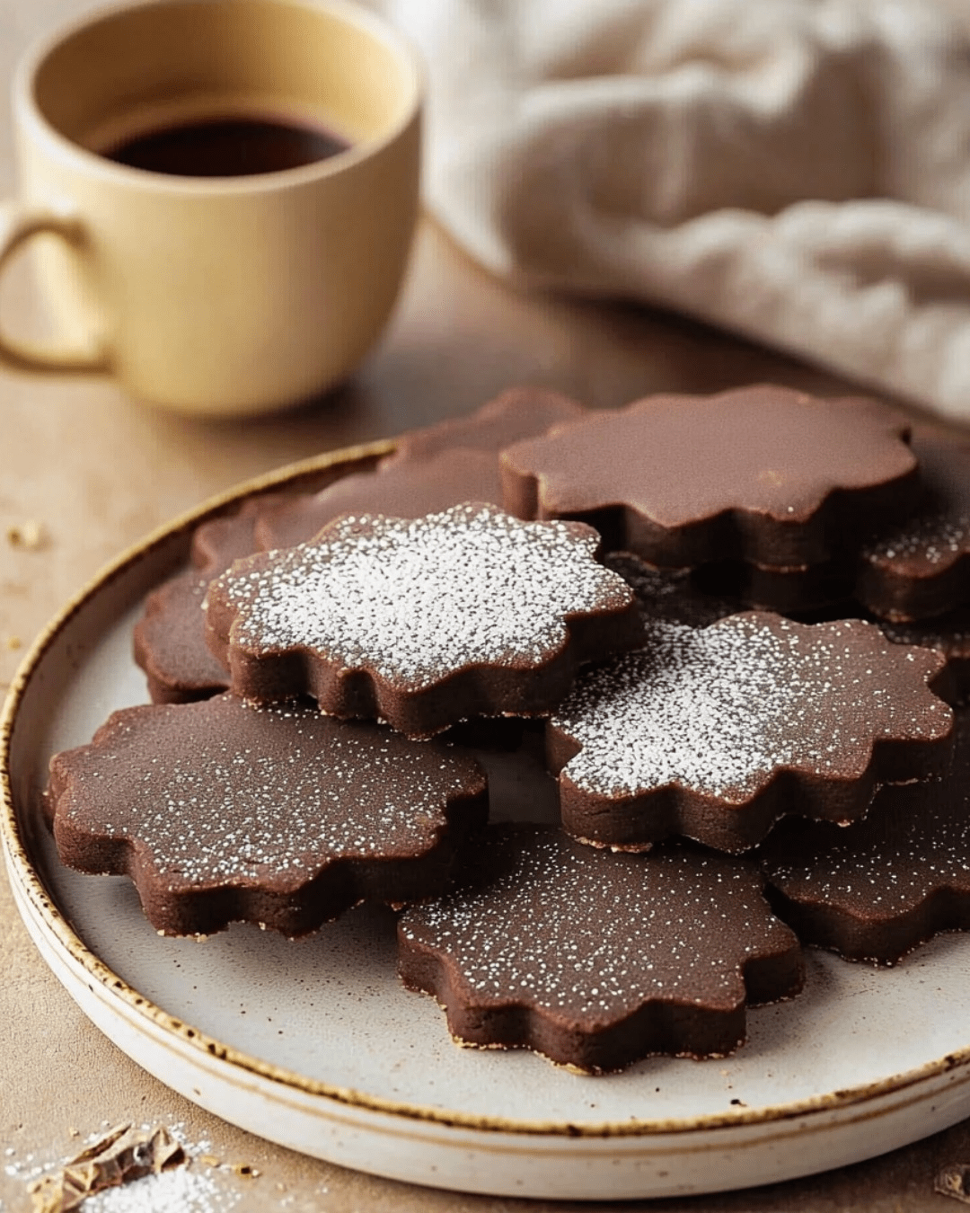 Sablés au chocolat fondants, décorés de chocolat noir, posés sur une assiette prête à être dégustée.