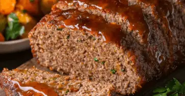 Meatloaf facile et délicieux, prêt à servir, garni de persil frais et accompagné de légumes.