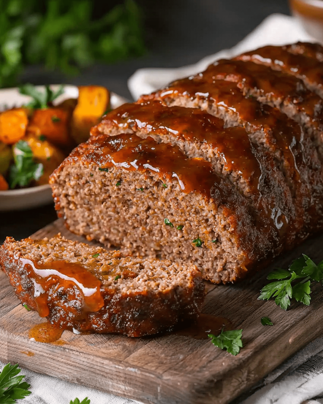 Meatloaf facile et délicieux, prêt à servir, garni de persil frais et accompagné de légumes.