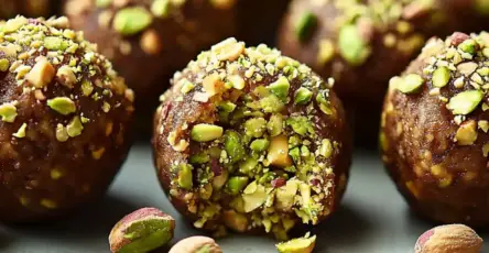 Boulettes de pâte d’amande et pistaches enrobées de chocolat, saupoudrées de pistaches concassées, sur une assiette élégante.