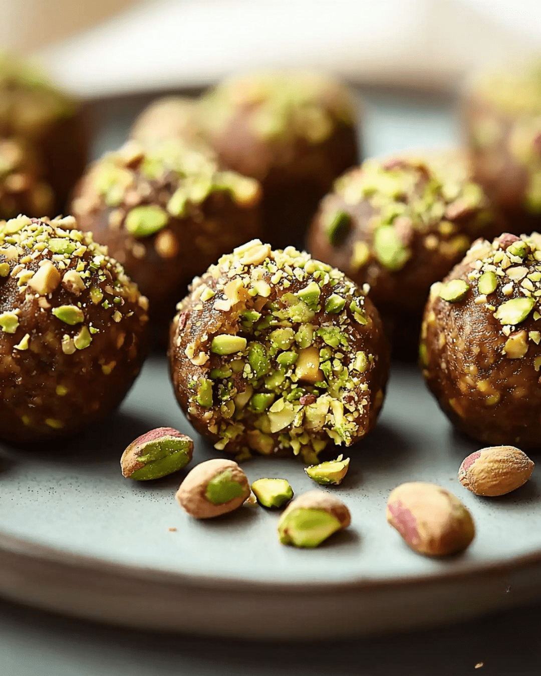 Boulettes de pâte d’amande et pistaches enrobées de chocolat, saupoudrées de pistaches concassées, sur une assiette élégante.