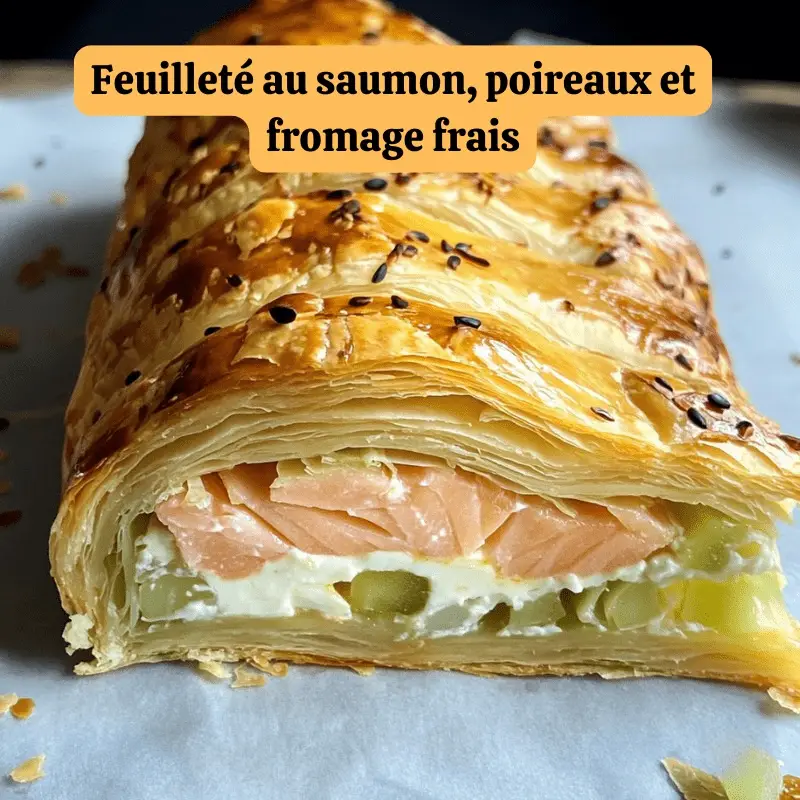 Feuilleté doré et croustillant au saumon, poireaux et fromage frais, servi avec une salade verte croquante et des légumes vapeur.