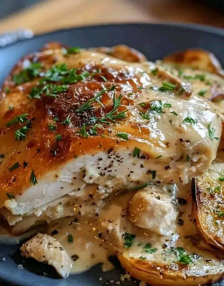 Poulet César fondant, servi dans un grand saladier avec des croûtons dorés, des tranches de poulet croustillant, et une sauce César maison nappée généreusement.