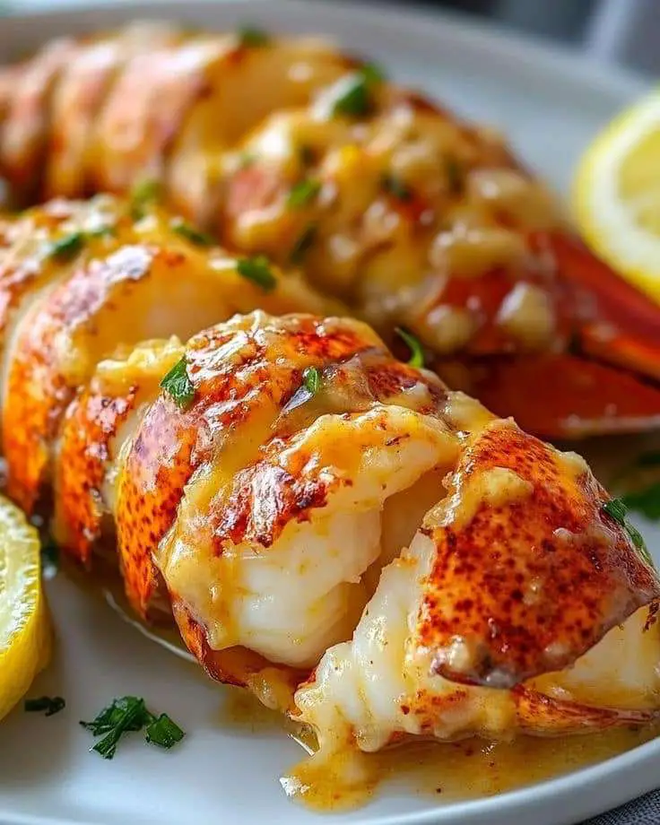 Queues de homard farcies aux herbes et beurre, grillées à la perfection et servies avec une tranche de citron