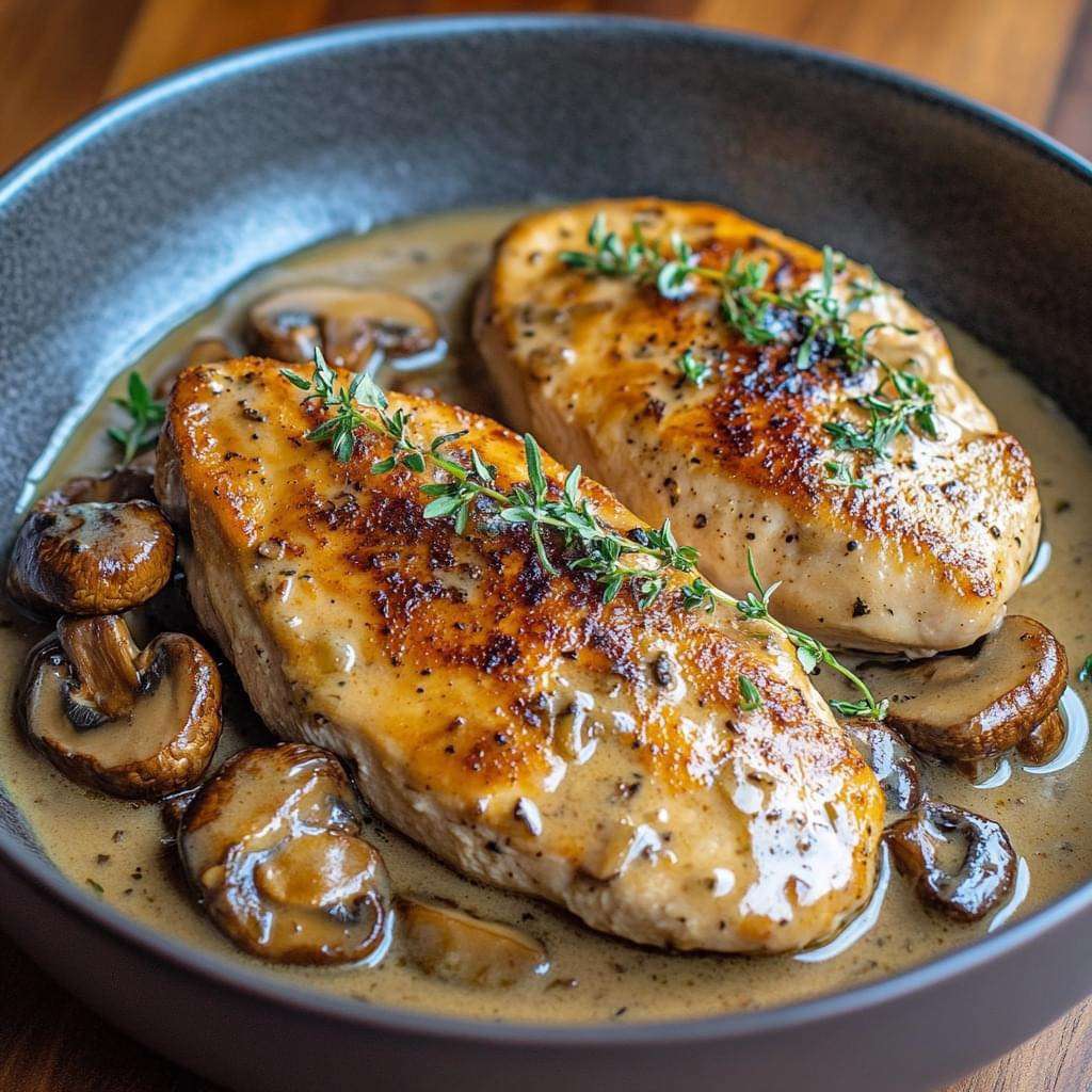 Poulet crémeux aux champignons, nappé d’une sauce onctueuse et parsemé de thym frais, servi avec des légumes vapeur et des pommes de terre dorées.