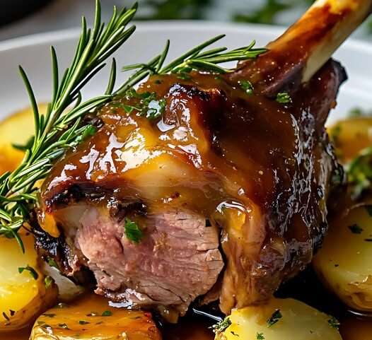 Souris d’agneau confites au four, accompagnées de légumes rôtis et nappées de jus de cuisson.