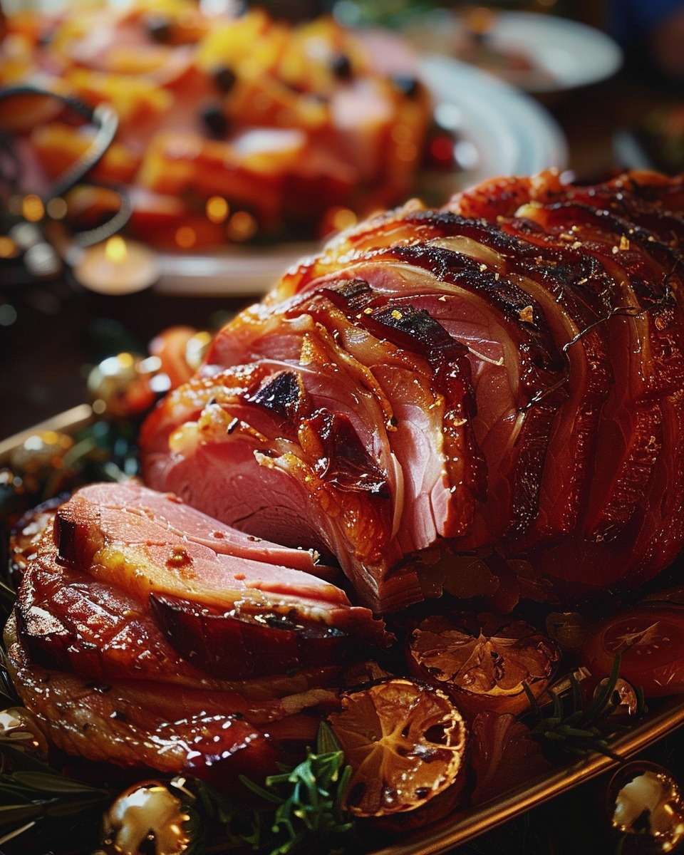 Jambon de Noël rôti au miel, caramélisé et décoré avec des épices et des herbes