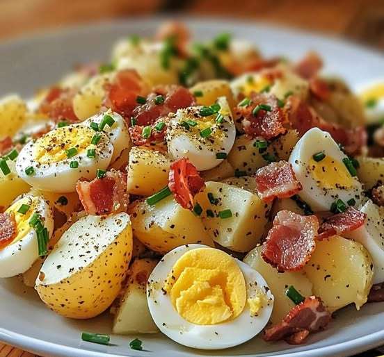 Une salade de pommes de terre garnie de lardons croustillants, d'œufs durs en quartiers et de ciboulette fraîche, servie dans un saladier rustique.