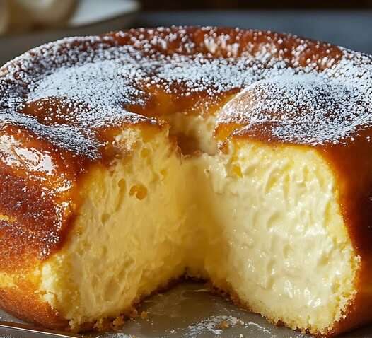 Gâteau crémeux avec 3 yaourts et 2 œufs doré et moelleux, tranché et servi sur une assiette