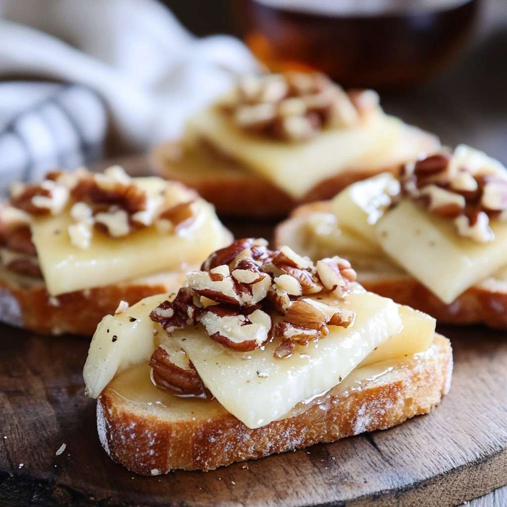 Tartines croustillantes au fromage fondu, garnies de noix concassées et arrosées d'un filet de miel, présentées sur une planche en bois avec une touche rustique.