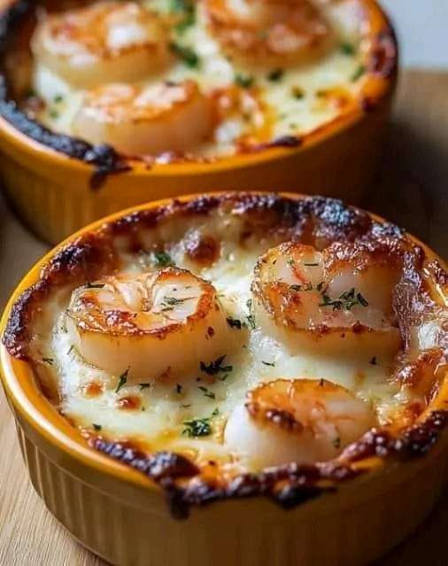 Cassolettes de Saint-Jacques et crevettes gratinées, servies dans de petits ramequins avec du persil frais et accompagnées de tranches de pain grillé.