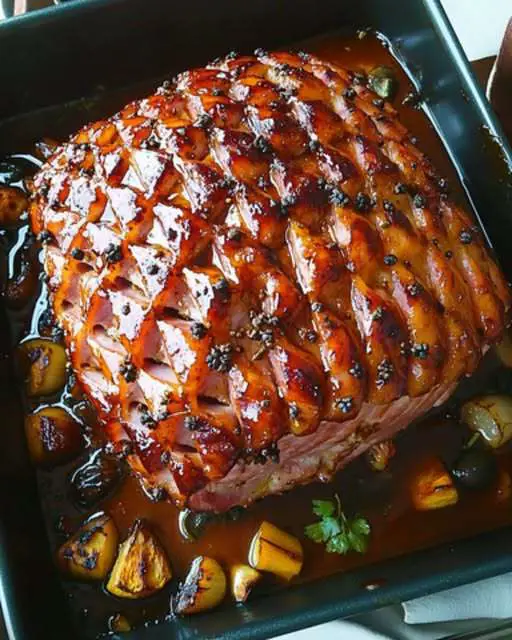 jambon de Noël rôti au miel et épices, décoré de clous de girofle et servi avec des légumes rôtis