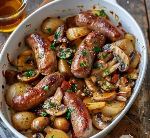 Plat rustique de saucisses dorées, pommes de terre croustillantes et champignons fondants, garni d’herbes fraîches et prêt à être dégusté.