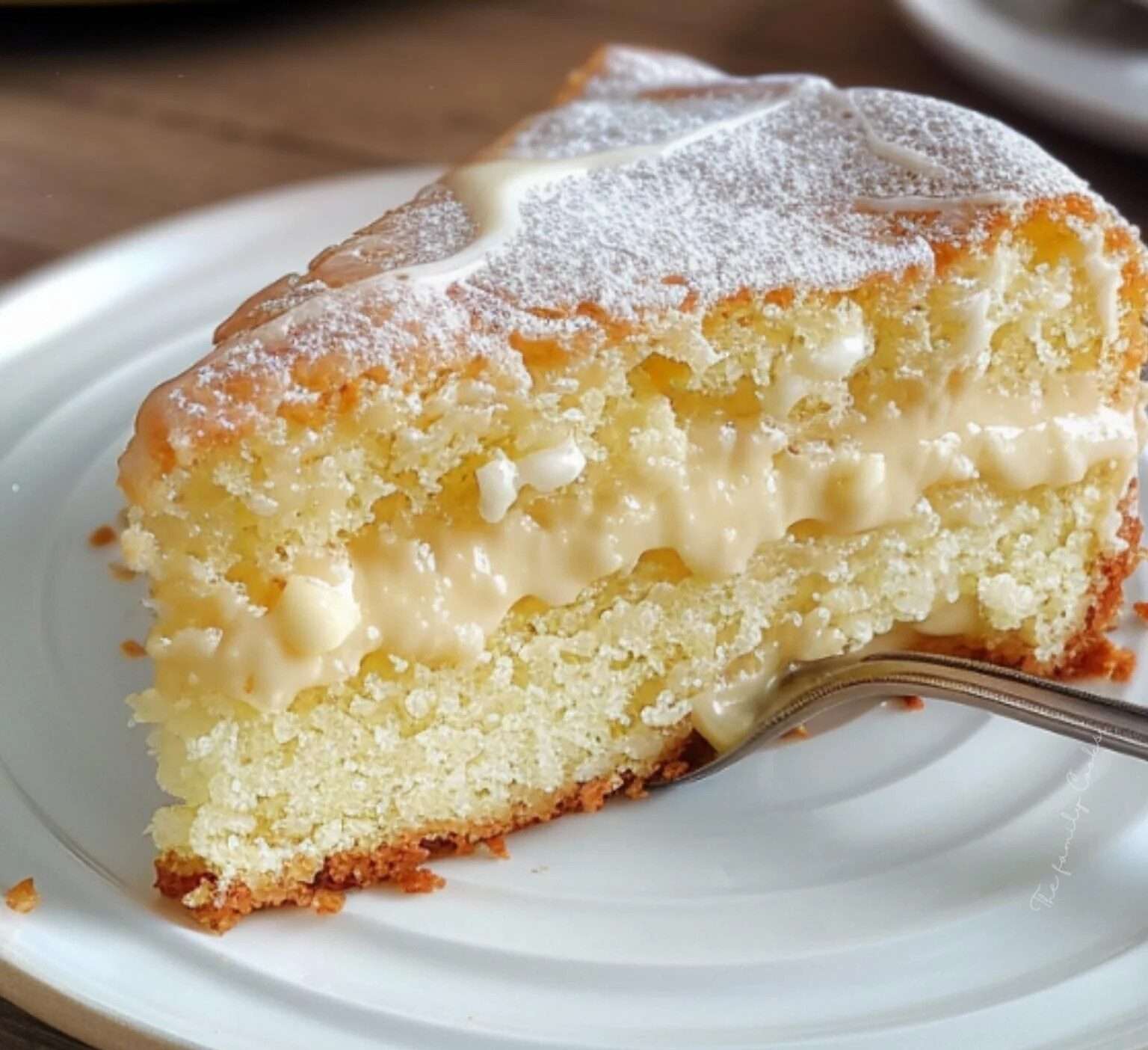 Gâteau blanc moelleux avec un glaçage doré au sucre à la crème, servi sur une assiette élégante avec une tasse de thé en arrière-plan.