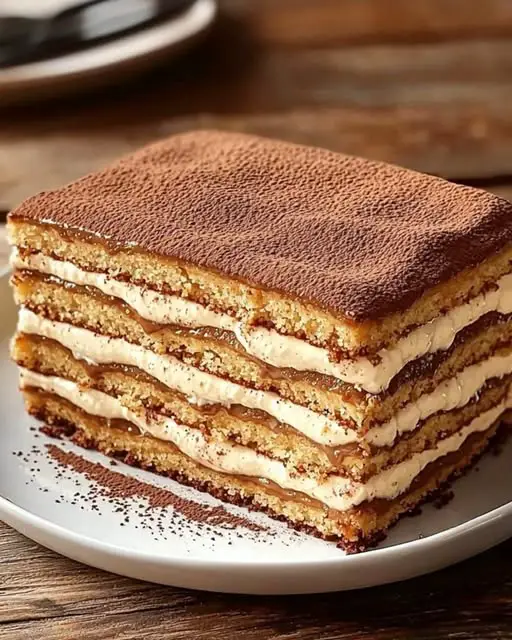 Gâteau sans cuisson au café et biscuits Petit Beurre, garni de copeaux de chocolat et saupoudré de cacao, présenté sur un plateau élégant.