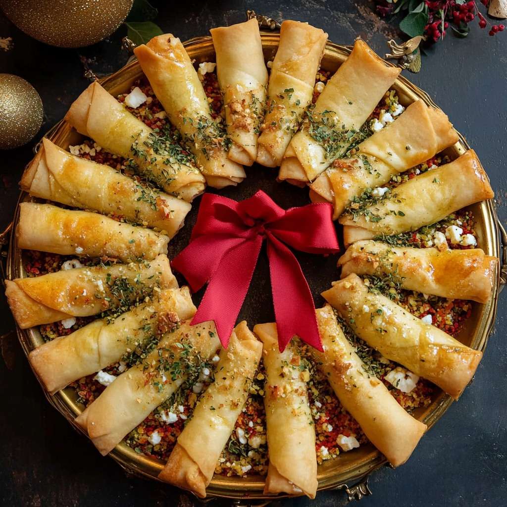 Couronne de roulés à la feta et herbes, dorée et croustillante, décorée avec des graines de sésame et servie sur une assiette festive.