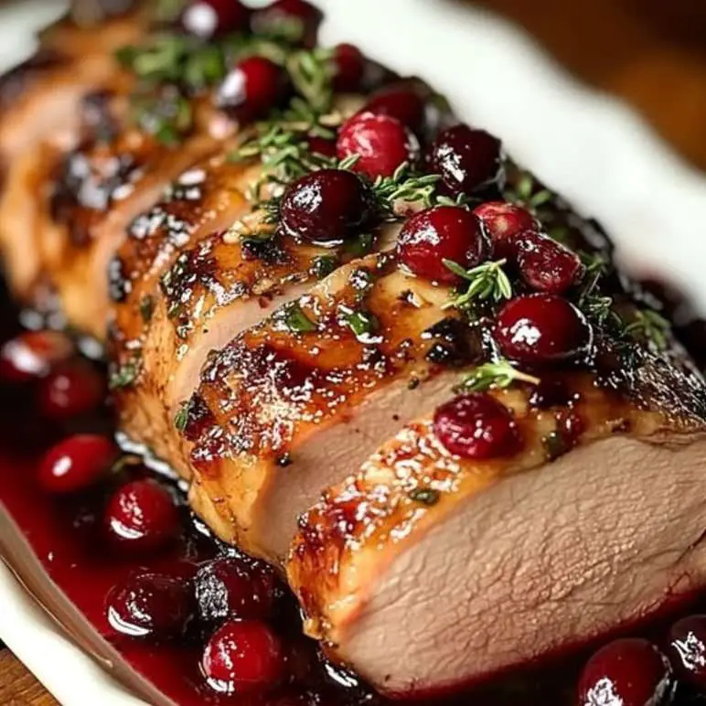 Longe de porc rôtie, nappée de sauce aux canneberges et moutarde de Dijon, servie avec des légumes rôtis et un glaçage au cidre.