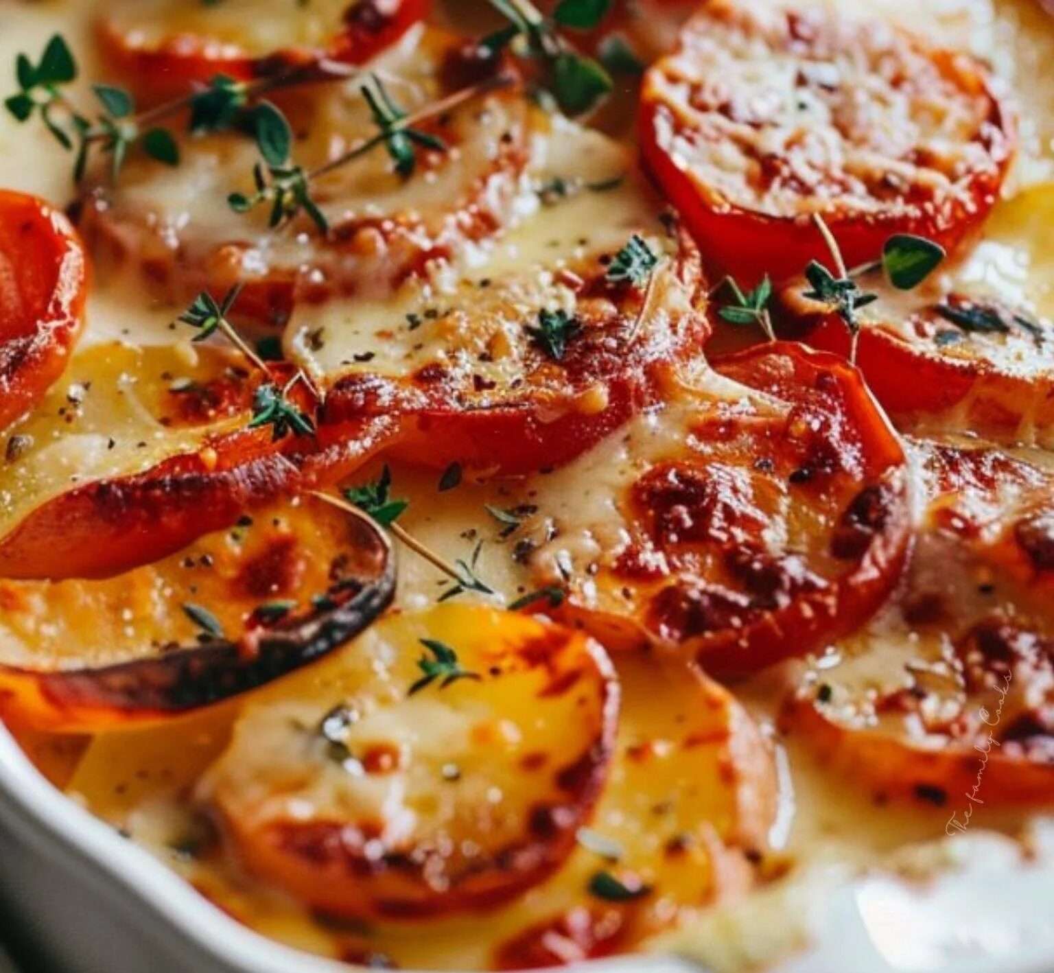 Un gratin de pommes de terre au chorizo et à la béchamel, doré et fumant, servi dans un plat en céramique avec une cuillère.