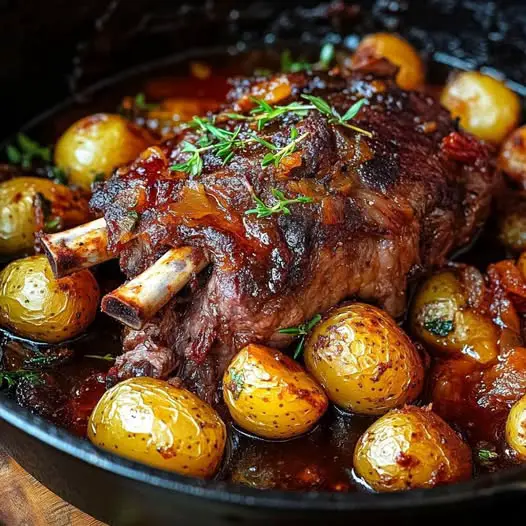 Épaule d’agneau dorée et juteuse, accompagnée de pommes de terre grenaille confites, le tout sublimé par des herbes fraîches.