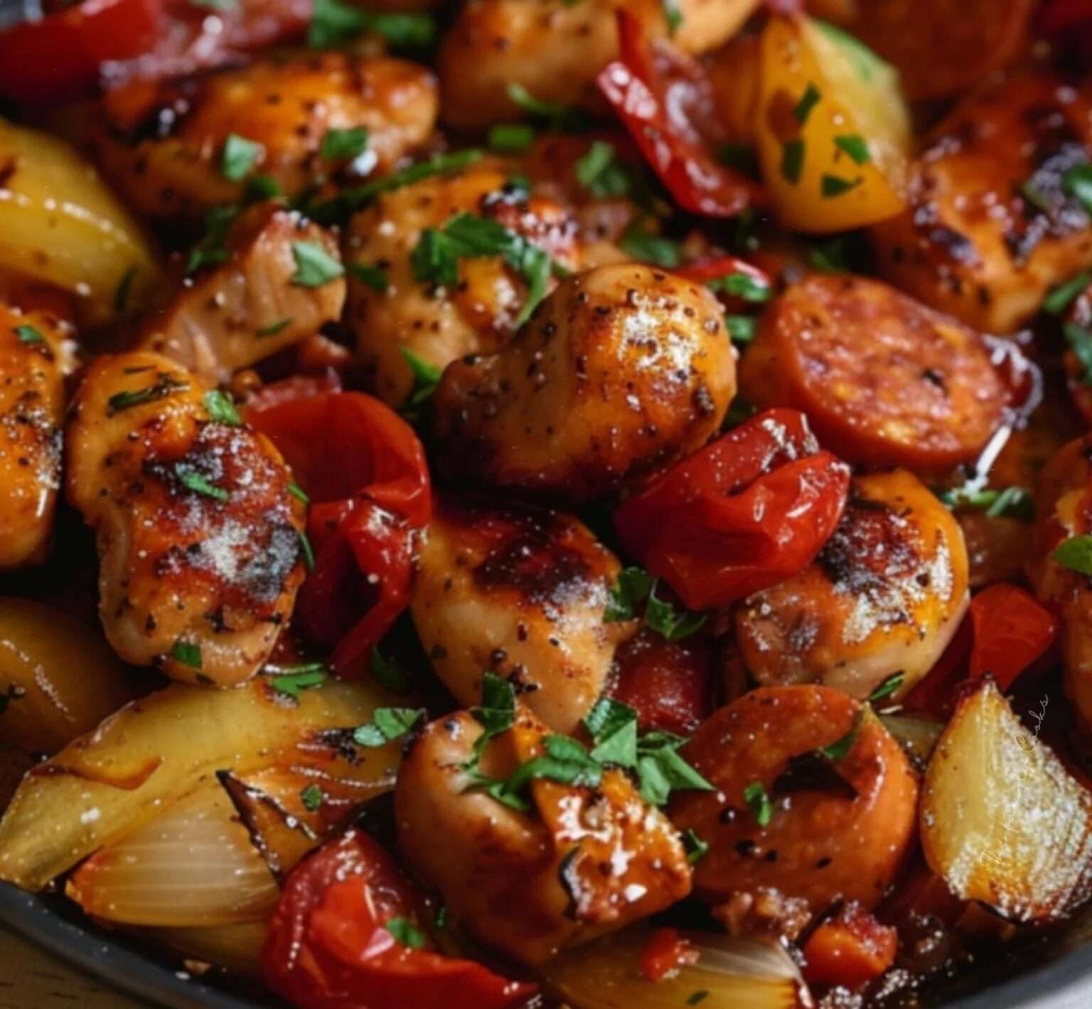 Plat de poulet sauté au chorizo, garni de poivrons et de sauce tomate, servi avec du riz blanc fumant.