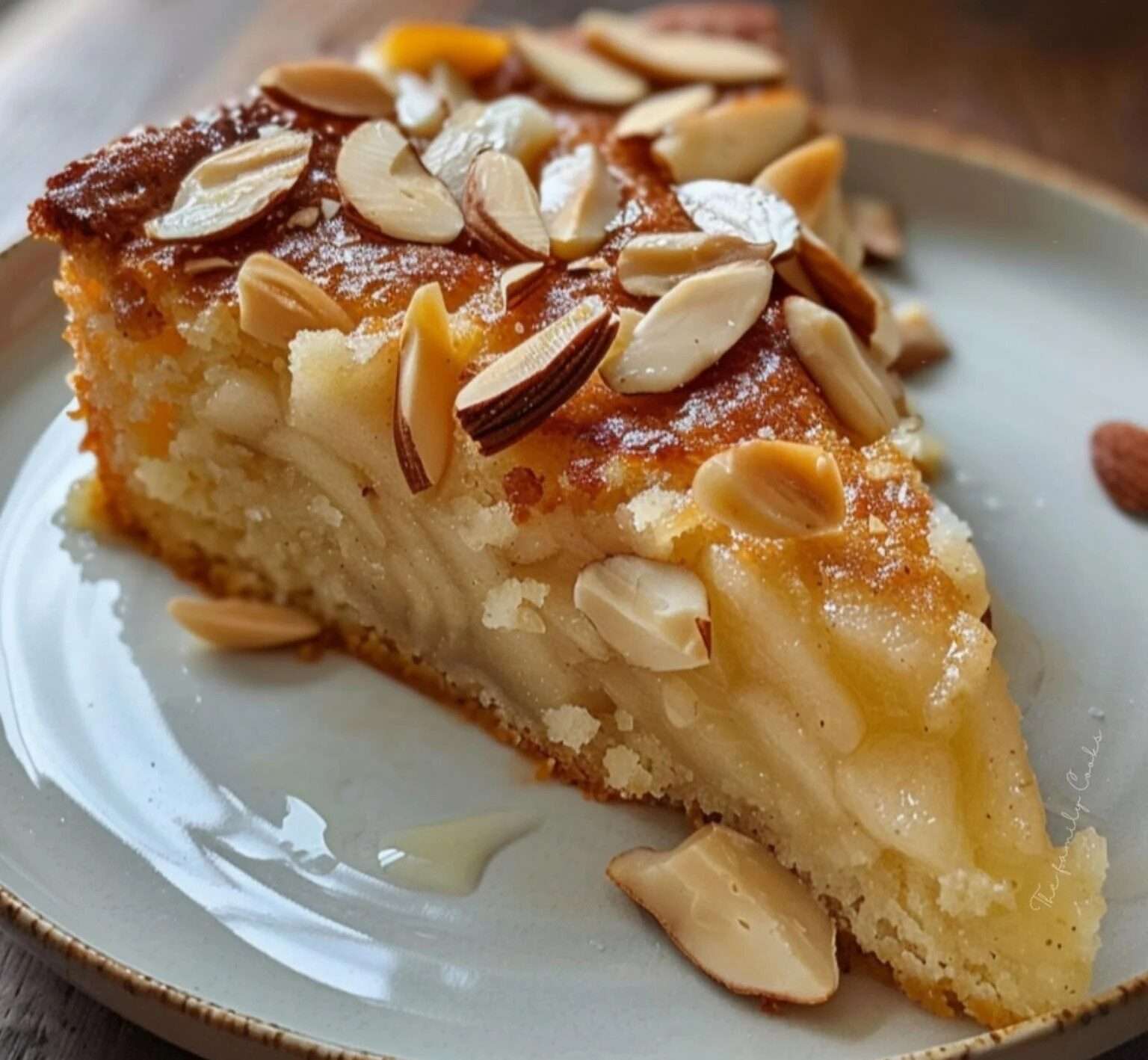 Gâteau au yaourt doré, garni d’amandes effilées et de morceaux de poires, servi sur une assiette avec une tasse de thé.