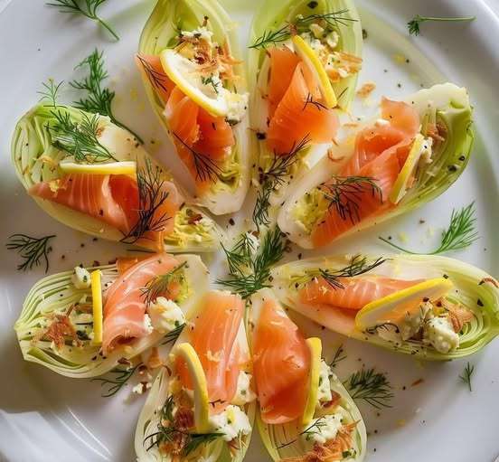 Endives garnies de saumon fumé, avocat et fromage frais, décorées d’aneth et de zestes de citron sur un plateau élégant.